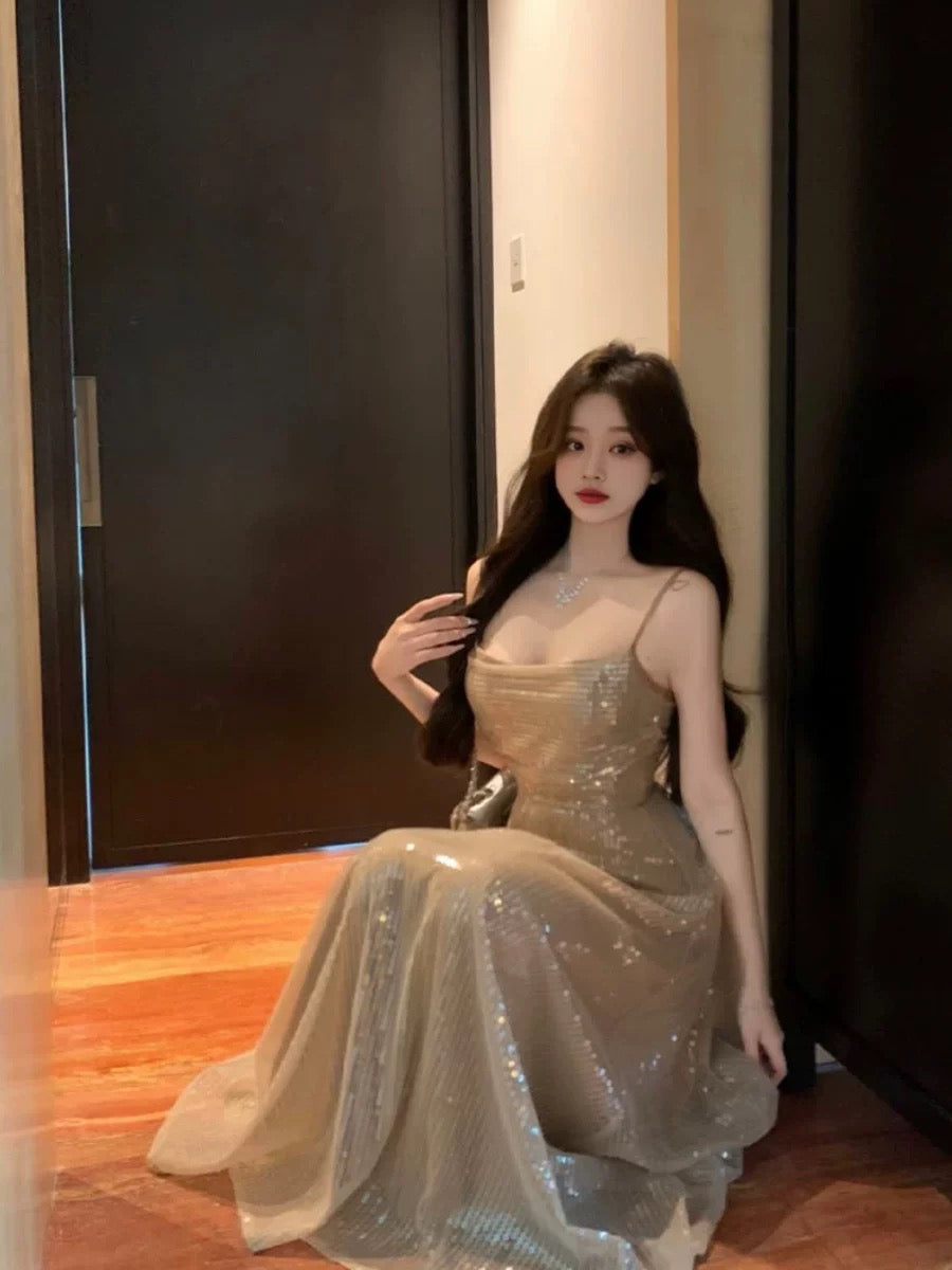 Elegant A line Spaghetti Straps Champagne Long Length Prom Dress Birthday Outfits C3548