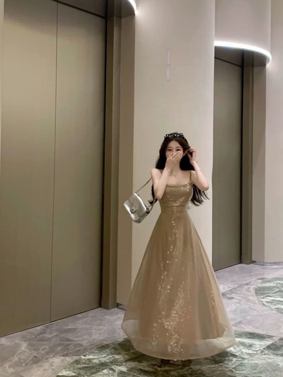 Elegant A line Spaghetti Straps Champagne Long Length Prom Dress Birthday Outfits C3548