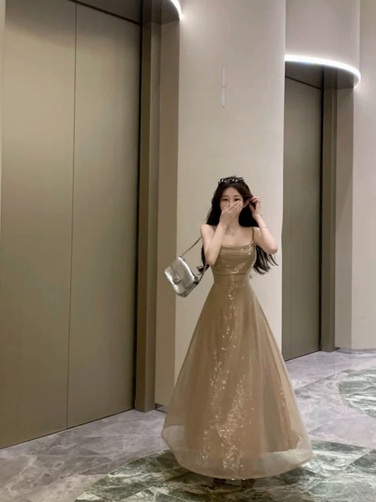 Elegant A line Spaghetti Straps Champagne Long Length Prom Dress Birthday Outfits C3548