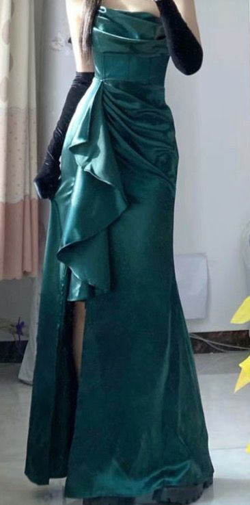 Elegant Mermaid Strapless Green Long Length Satin Slit Prom Dresses Birthday Outfits CC3549