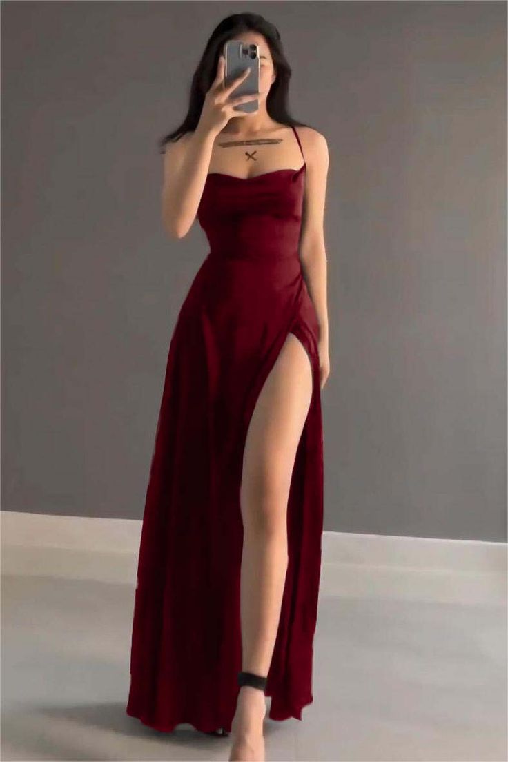 Elegant A Line Spaghetti Straps Red Satin Long Length Prom Dresses Birthday Outfits CC3550