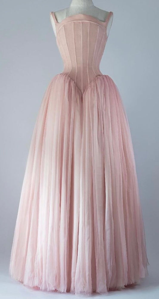Vintage Ball Gown Straps Pink Tulle Long Length Prom Dresses Birthday Outfits C3554