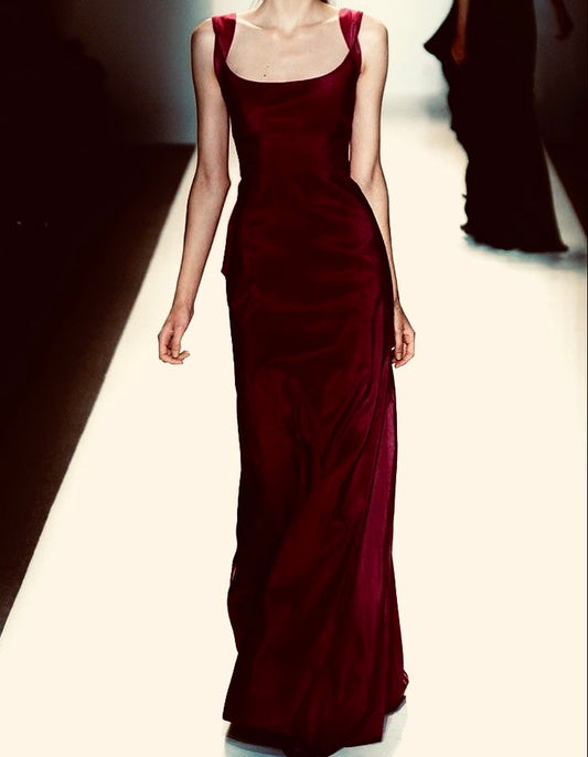 Vintage Sheath Square Neckline Burgundy Long Length Prom Dresses Birthday Outfits C3559