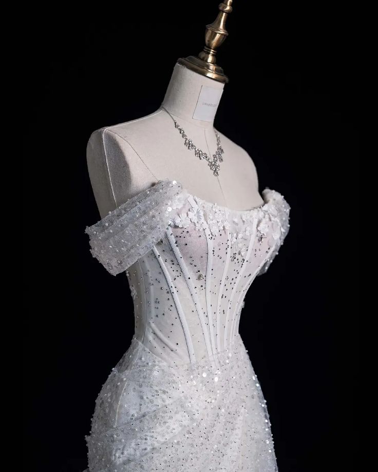 Robe de mariée sirène élégante, épaules dénudées, paillettes, longue, blanche, CC356