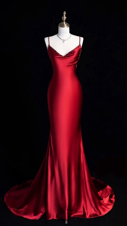 Vintage Mermaid Spaghetti Straps Red Satin Long Length Prom Dresses Birthday Outfits C3560