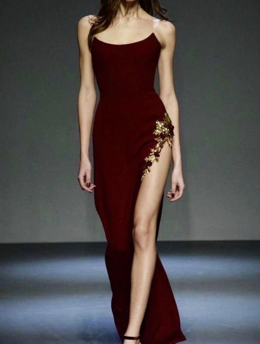 Vintage Sheath Strapless Burgundy Slit Long Length Prom Dresses Birthday Outfits C3565