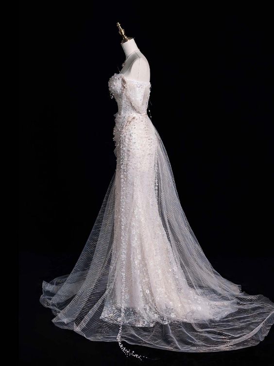 Elegant Mermaid Off The Shoulder Sequin Pearls Long White Wedding Dresses CC357