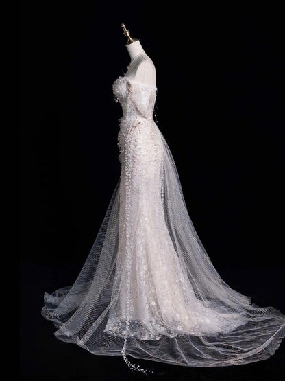 Elegant Mermaid Off The Shoulder Sequin Pearls Long White Wedding Dresses CC357