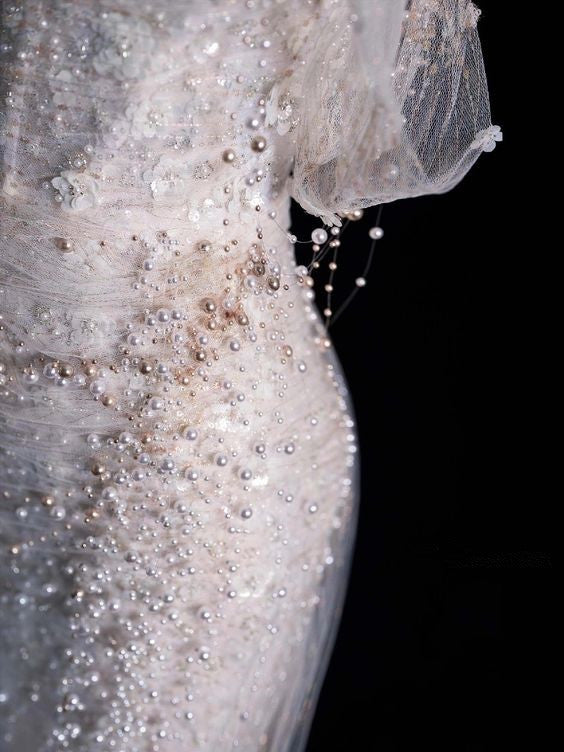 Elegant Mermaid Off The Shoulder Sequin Pearls Long White Wedding Dresses CC357