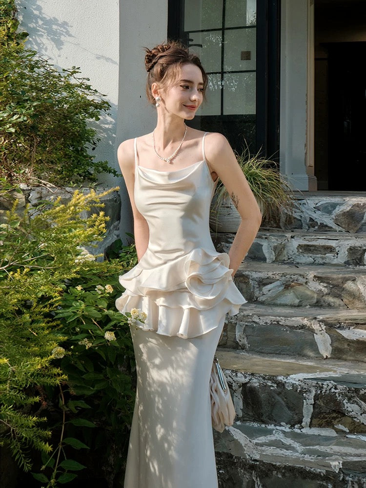 Elegant Mermaid Spaghetti Straps White Ruffles Prom Dresses Party Dresses C3573