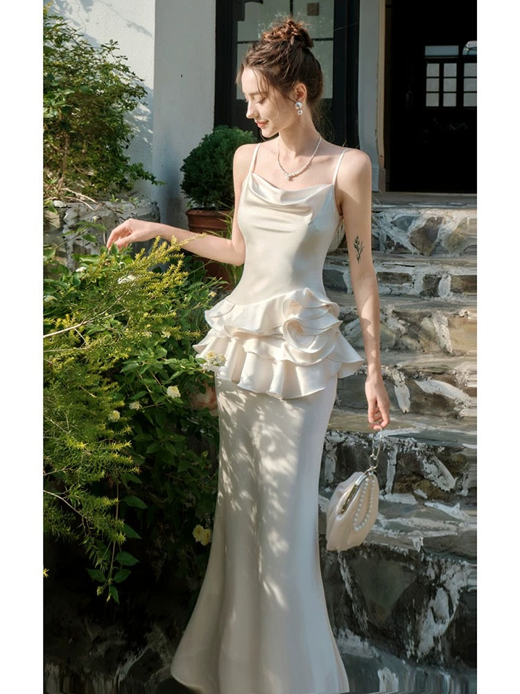 Elegant Mermaid Spaghetti Straps White Ruffles Prom Dresses Party Dresses C3573