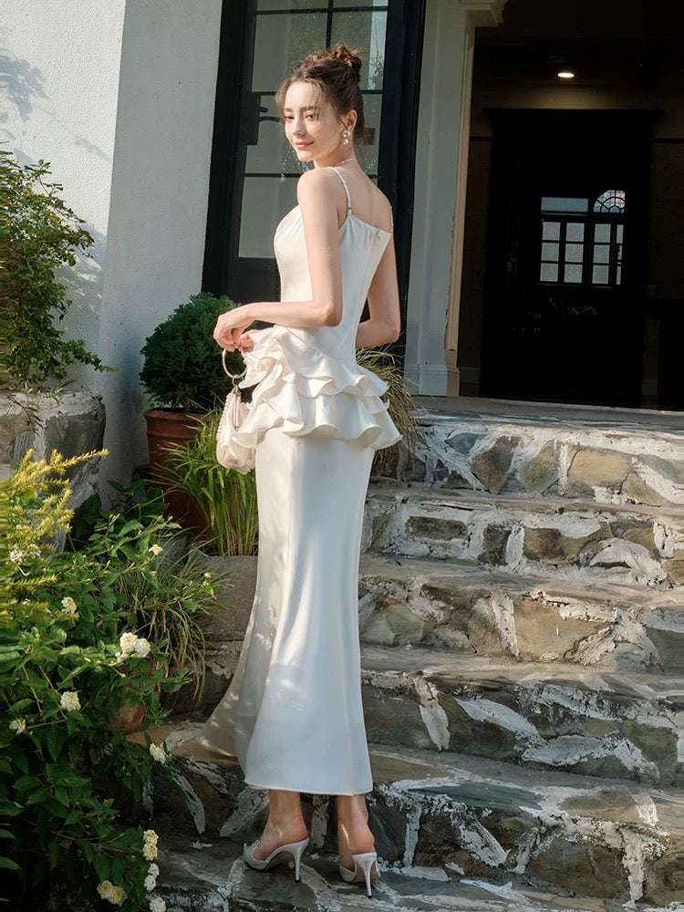 Elegant Mermaid Spaghetti Straps White Ruffles Prom Dresses Party Dresses C3573