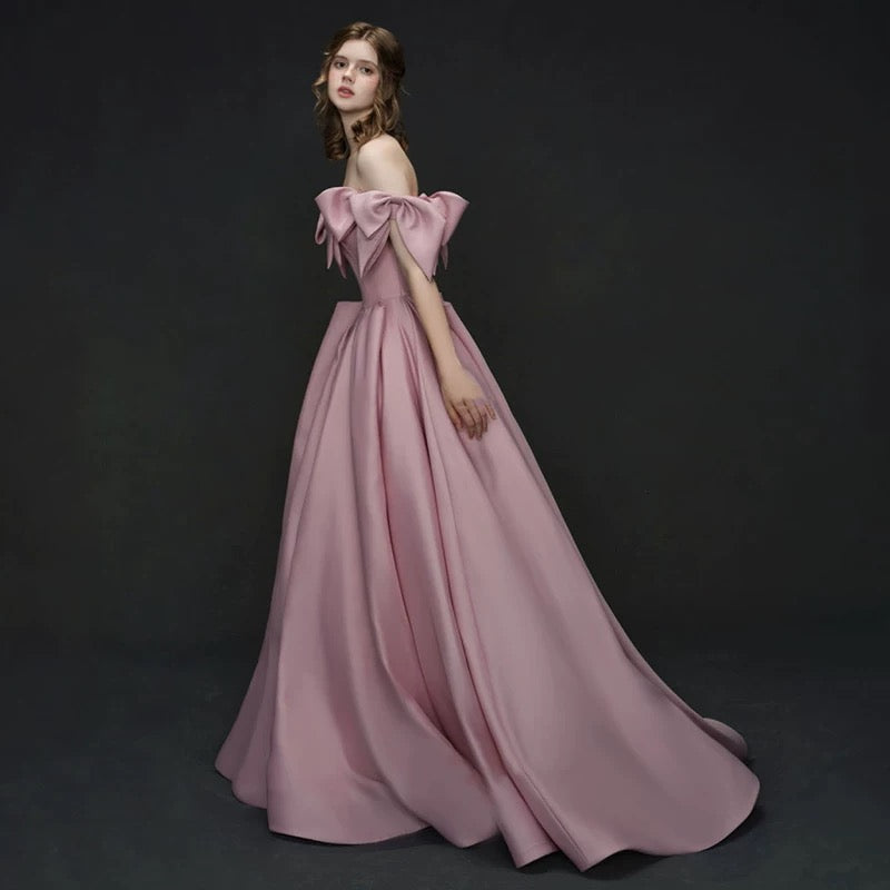 Elegant A line Off The Shoulder Satin Pink Evening Dress Long Prom Dresses C3574