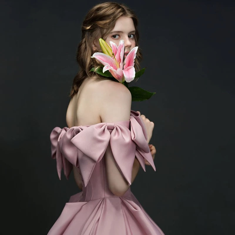 Elegant A line Off The Shoulder Satin Pink Evening Dress Long Prom Dresses C3574