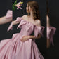 Elegant A line Off The Shoulder Satin Pink Evening Dress Long Prom Dresses C3574