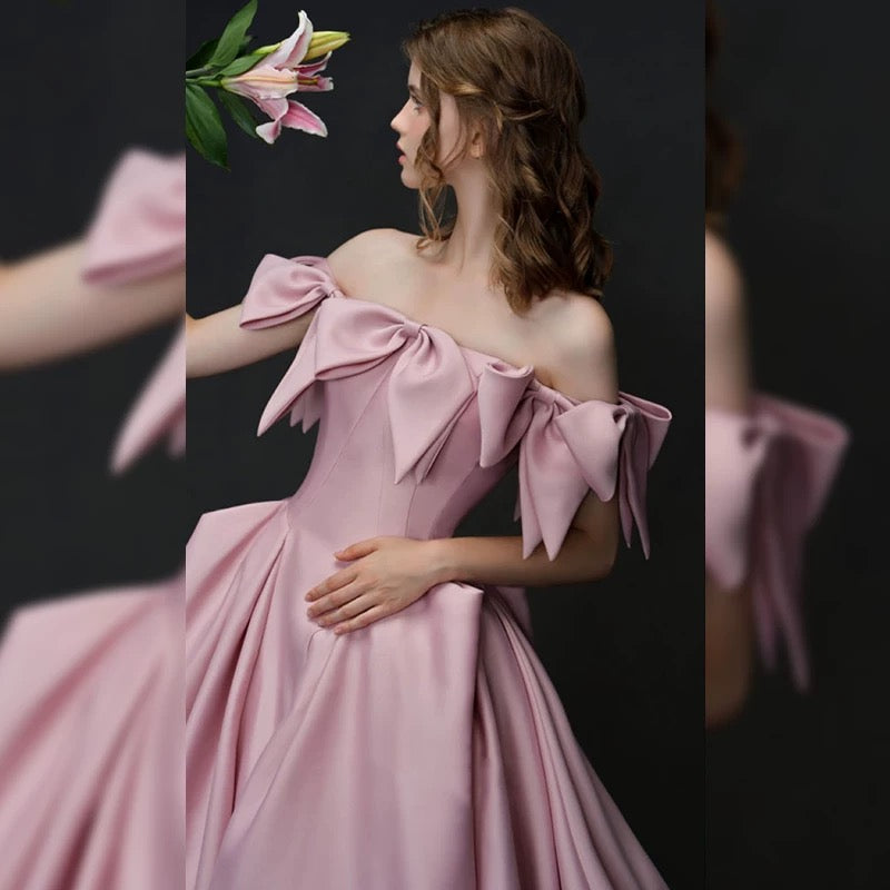 Elegant A line Off The Shoulder Satin Pink Evening Dress Long Prom Dresses C3574