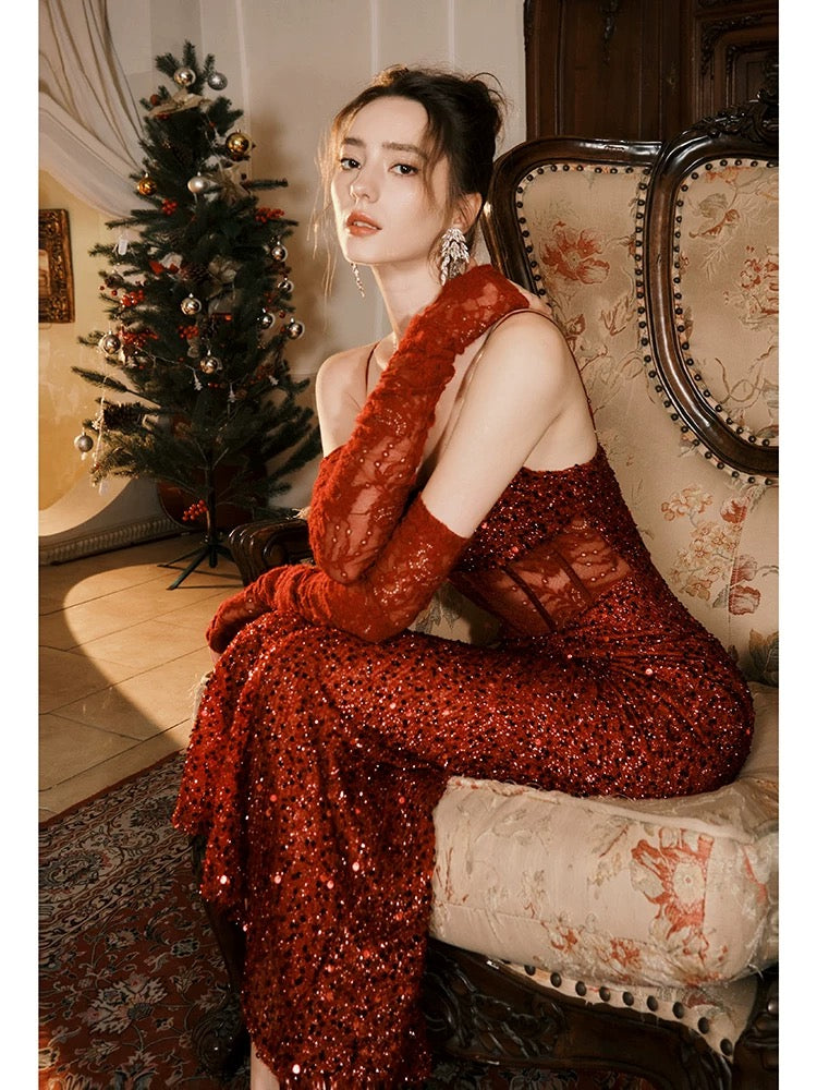 Elegant Mermaid Spaghetti Straps Burgundy Sequin Ruffles Prom Dresses Party Dresses C3575
