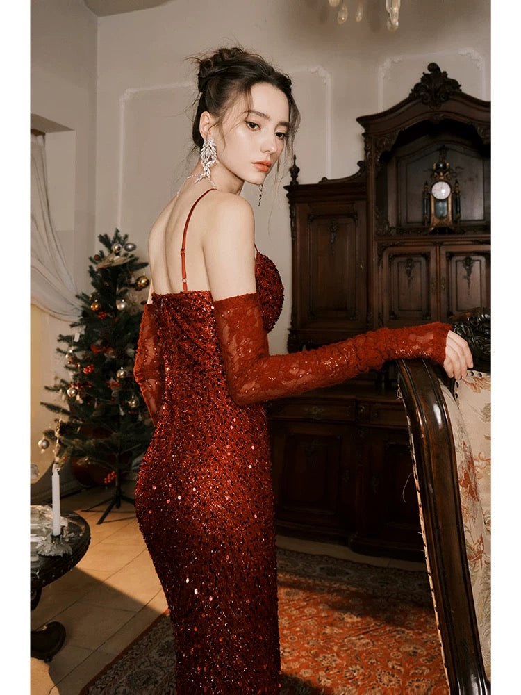 Elegant Mermaid Spaghetti Straps Burgundy Sequin Ruffles Prom Dresses Party Dresses C3575