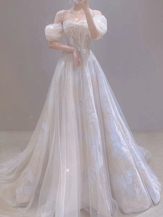Vintage A line Straps White Tulle Long Wedding Dresses With Beads C3577