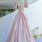 Elegant A line Square Neckline Satin Short Sleeves Pink Evening Dress Long Prom Dresses C3579