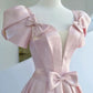 Elegant A line Square Neckline Satin Short Sleeves Pink Evening Dress Long Prom Dresses C3579