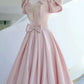 Elegant A line Square Neckline Satin Short Sleeves Pink Evening Dress Long Prom Dresses C3579