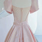 Elegant A line Square Neckline Satin Short Sleeves Pink Evening Dress Long Prom Dresses C3579