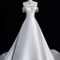Elegant A line Off The Shoulder Satin Pearls Long White Wedding Dresses CC358