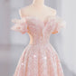 Elegant A line Off The Shoulder Sequin Pink Evening Dress Long Prom Dresses C3580