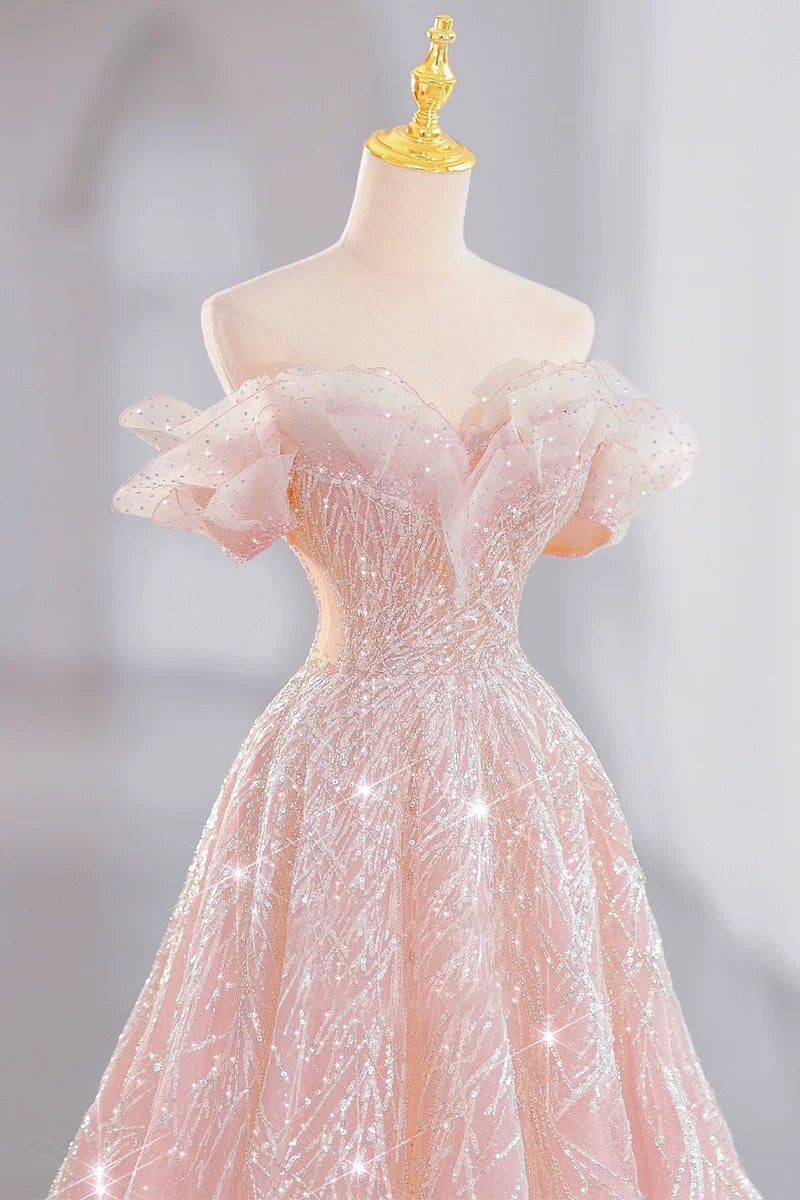 Elegant A line Off The Shoulder Sequin Pink Evening Dress Long Prom Dresses C3580