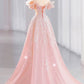 Elegant A line Off The Shoulder Sequin Pink Evening Dress Long Prom Dresses C3580