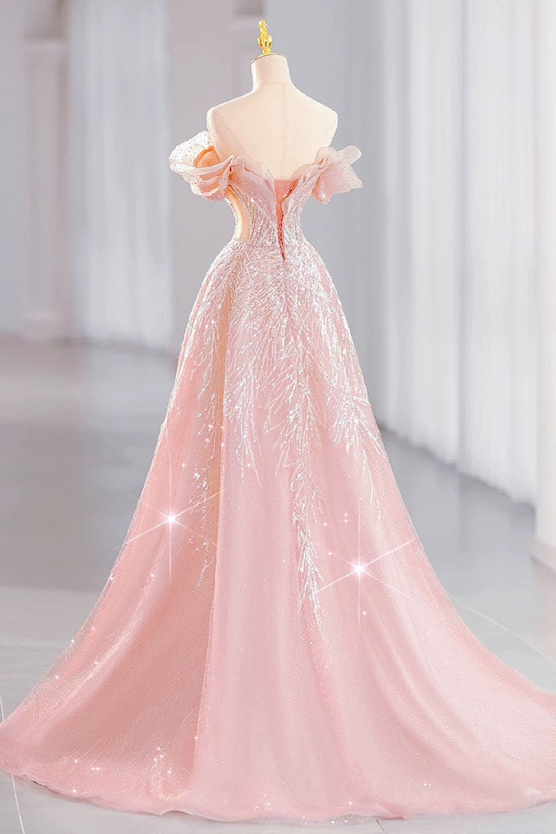 Elegant A line Off The Shoulder Sequin Pink Evening Dress Long Prom Dresses C3580