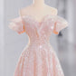 Elegant A line Off The Shoulder Sequin Pink Evening Dress Long Prom Dresses C3580