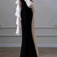 Elegant Mermaid Strapless Black Velvet Flowers Ruffles Prom Dresses Party Dresses C3582