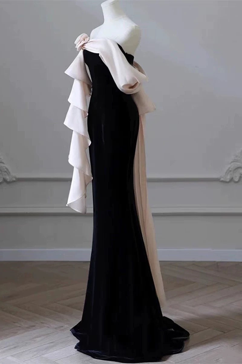 Elegant Mermaid Strapless Black Velvet Flowers Ruffles Prom Dresses Party Dresses C3582