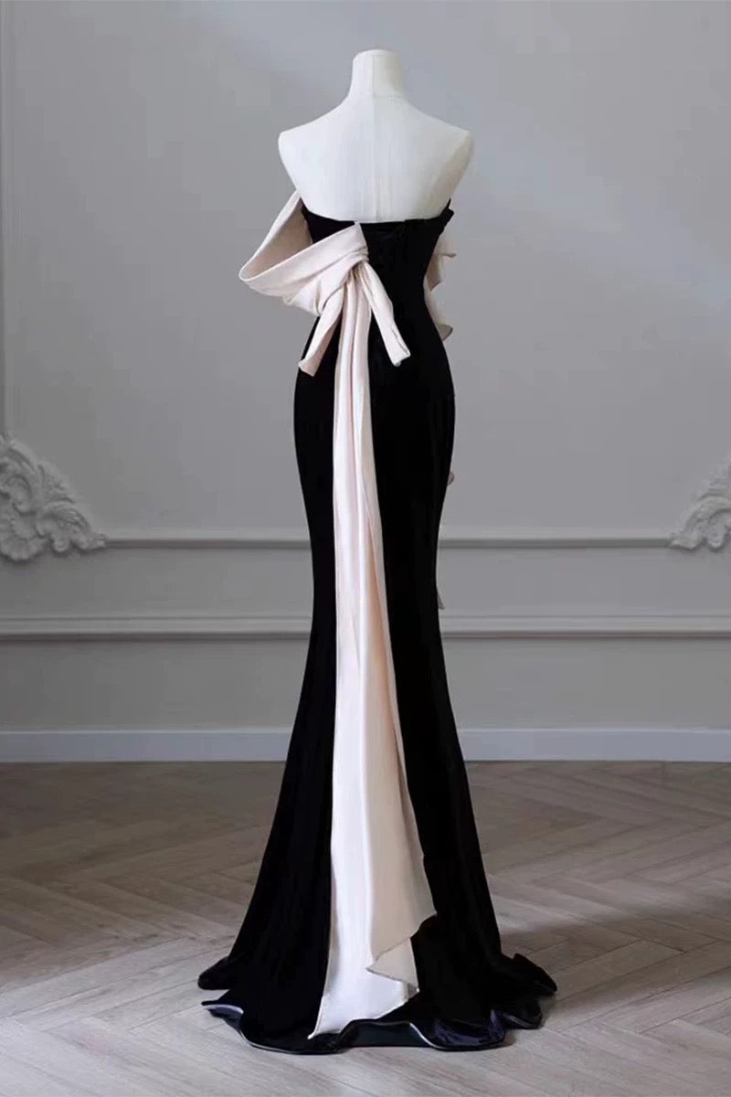 Elegant Mermaid Strapless Black Velvet Flowers Ruffles Prom Dresses Party Dresses C3582