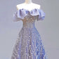 Elegant Ball Gown Off The Shoulder Lilac Short Sleeves Sequin Evening Dress Long Prom Dresses C3583