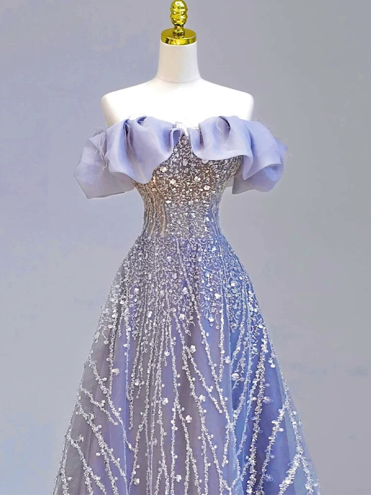 Elegant Ball Gown Off The Shoulder Lilac Short Sleeves Sequin Evening Dress Long Prom Dresses C3583