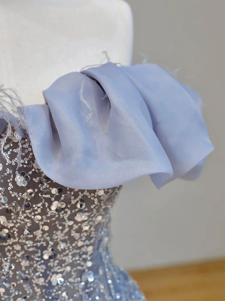 Elegant Ball Gown Off The Shoulder Lilac Short Sleeves Sequin Evening Dress Long Prom Dresses C3583