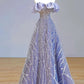 Elegant Ball Gown Off The Shoulder Lilac Short Sleeves Sequin Evening Dress Long Prom Dresses C3583