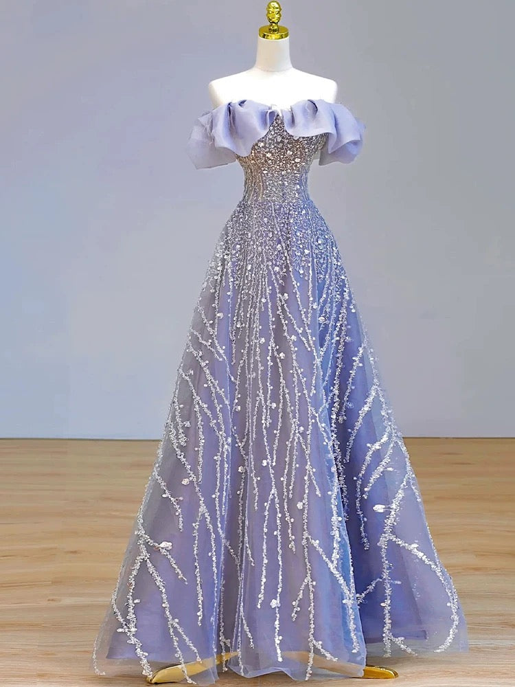 Elegant Ball Gown Off The Shoulder Lilac Short Sleeves Sequin Evening Dress Long Prom Dresses C3583
