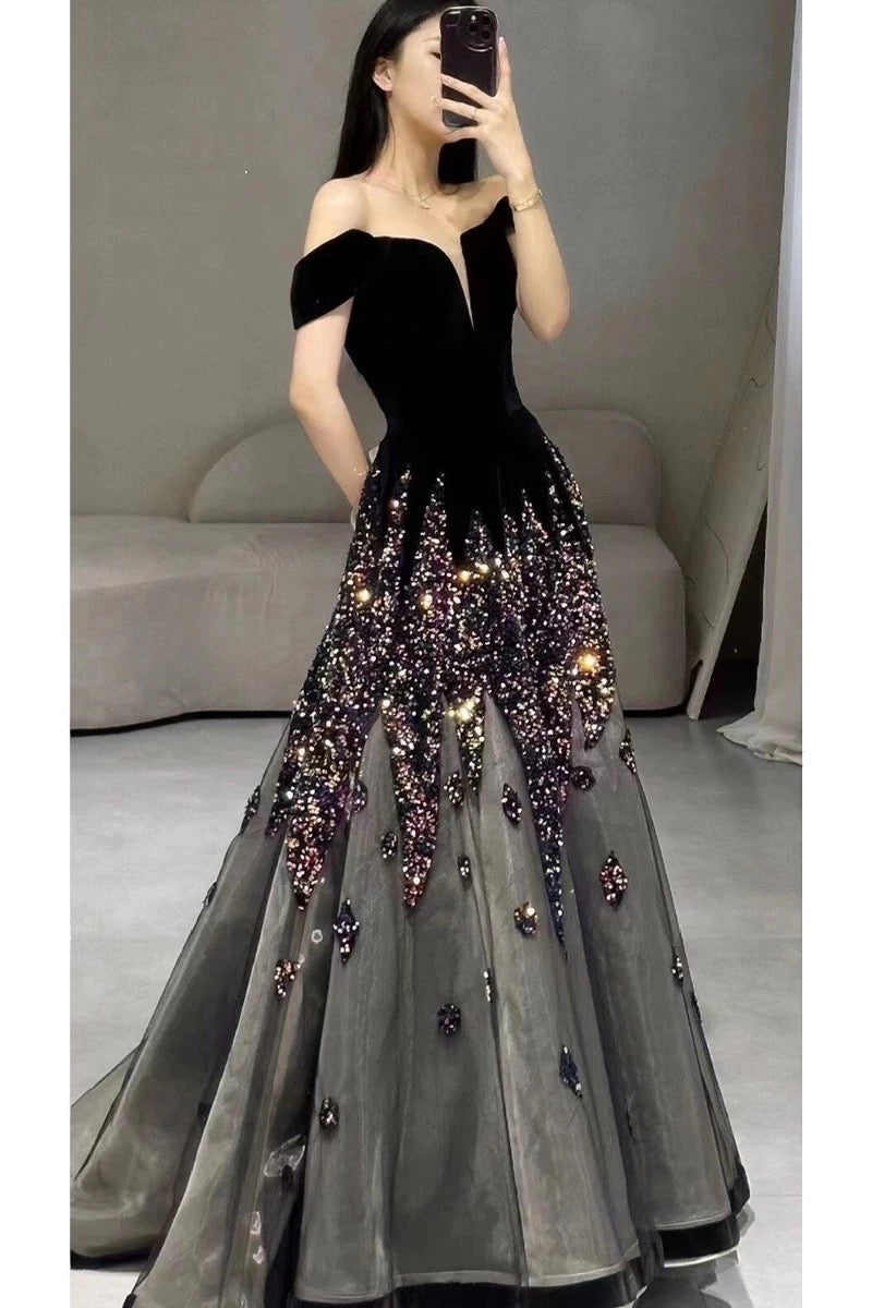 Elegant Ball Gown Off The Shoulder Black Short Sleeves Sequin Evening Dress Long Prom Dresses C3584