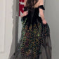 Elegant Ball Gown Off The Shoulder Black Short Sleeves Sequin Evening Dress Long Prom Dresses C3584