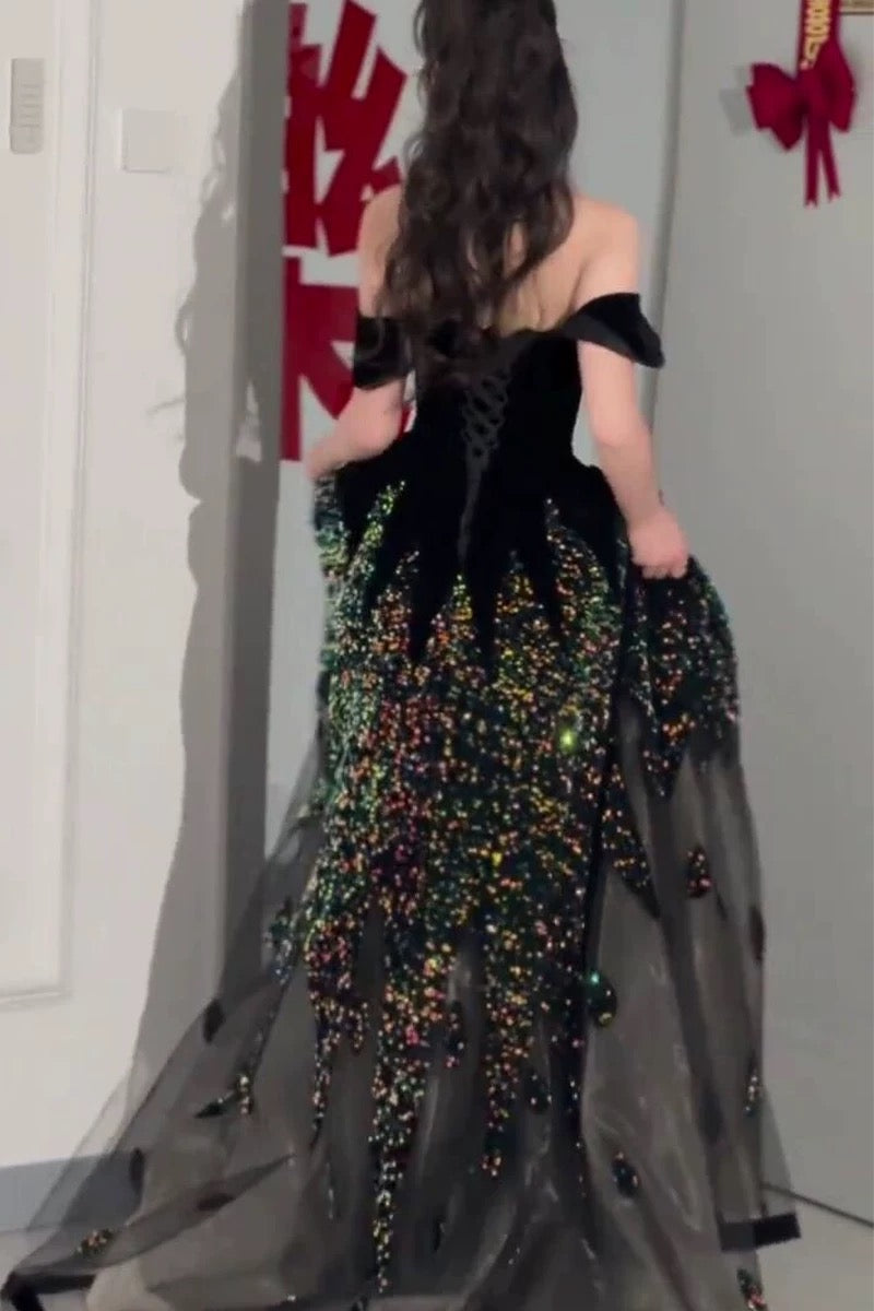 Elegant Ball Gown Off The Shoulder Black Short Sleeves Sequin Evening Dress Long Prom Dresses C3584