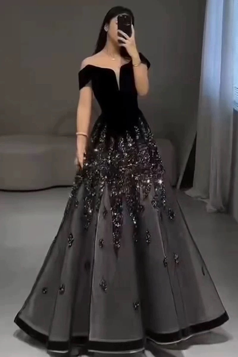 Elegant Ball Gown Off The Shoulder Black Short Sleeves Sequin Evening Dress Long Prom Dresses C3584