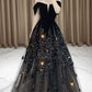 Elegant Ball Gown Off The Shoulder Black Short Sleeves Sequin Evening Dress Long Prom Dresses C3584