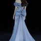 Elegant Mermaid Off The Shoulder Blue Short Sleeves Sequin Evening Dress Long Prom Dresses C3585