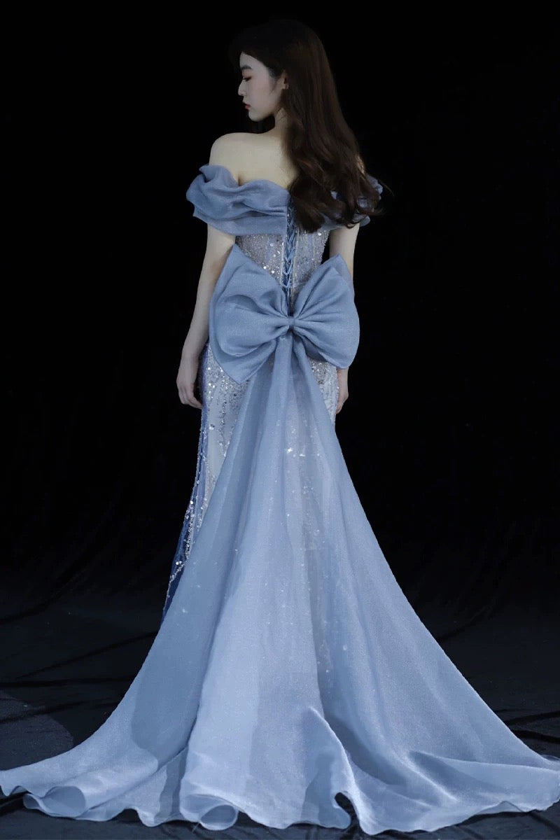 Elegant Mermaid Off The Shoulder Blue Short Sleeves Sequin Evening Dress Long Prom Dresses C3585