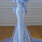 Elegant Mermaid Off The Shoulder Blue Short Sleeves Sequin Evening Dress Long Prom Dresses C3585