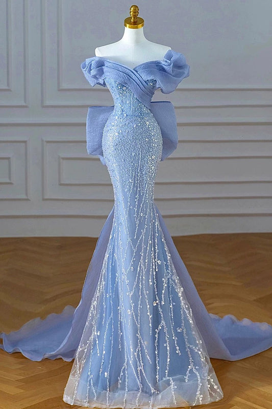 Elegant Mermaid Off The Shoulder Blue Short Sleeves Sequin Evening Dress Long Prom Dresses C3585